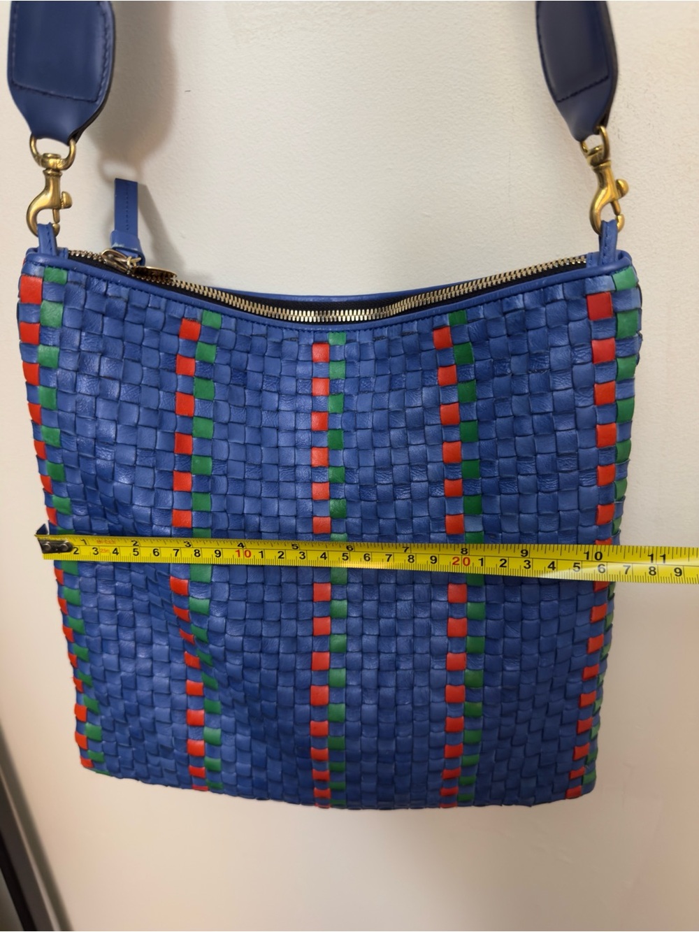 Rare Clare V. Handwoven Leather Messenger Bag Blue Red Green Checkered Stripe - Picture 7 of 15